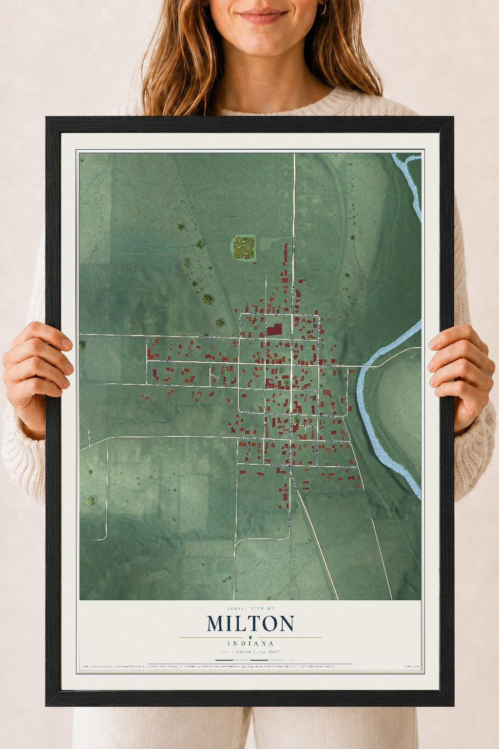 Map of Milton, Indiana, 18 x 24 inch print in a black wood frame