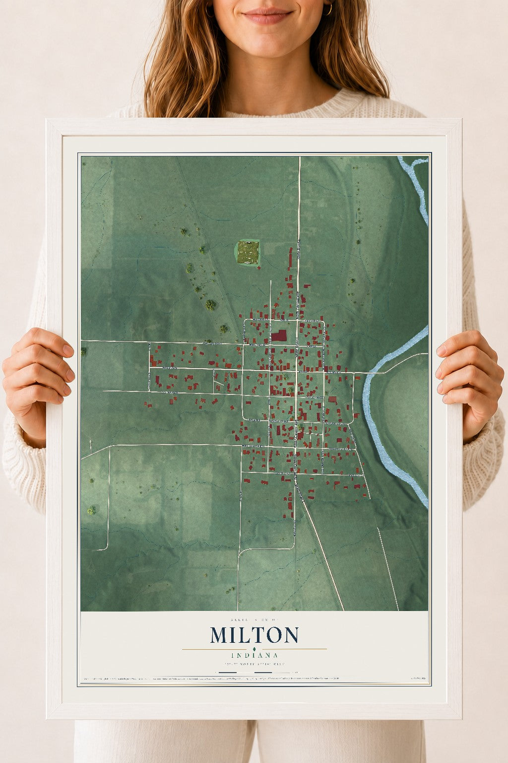 Map of Milton, Indiana, 18 x 24 inch print in a white wood frame
