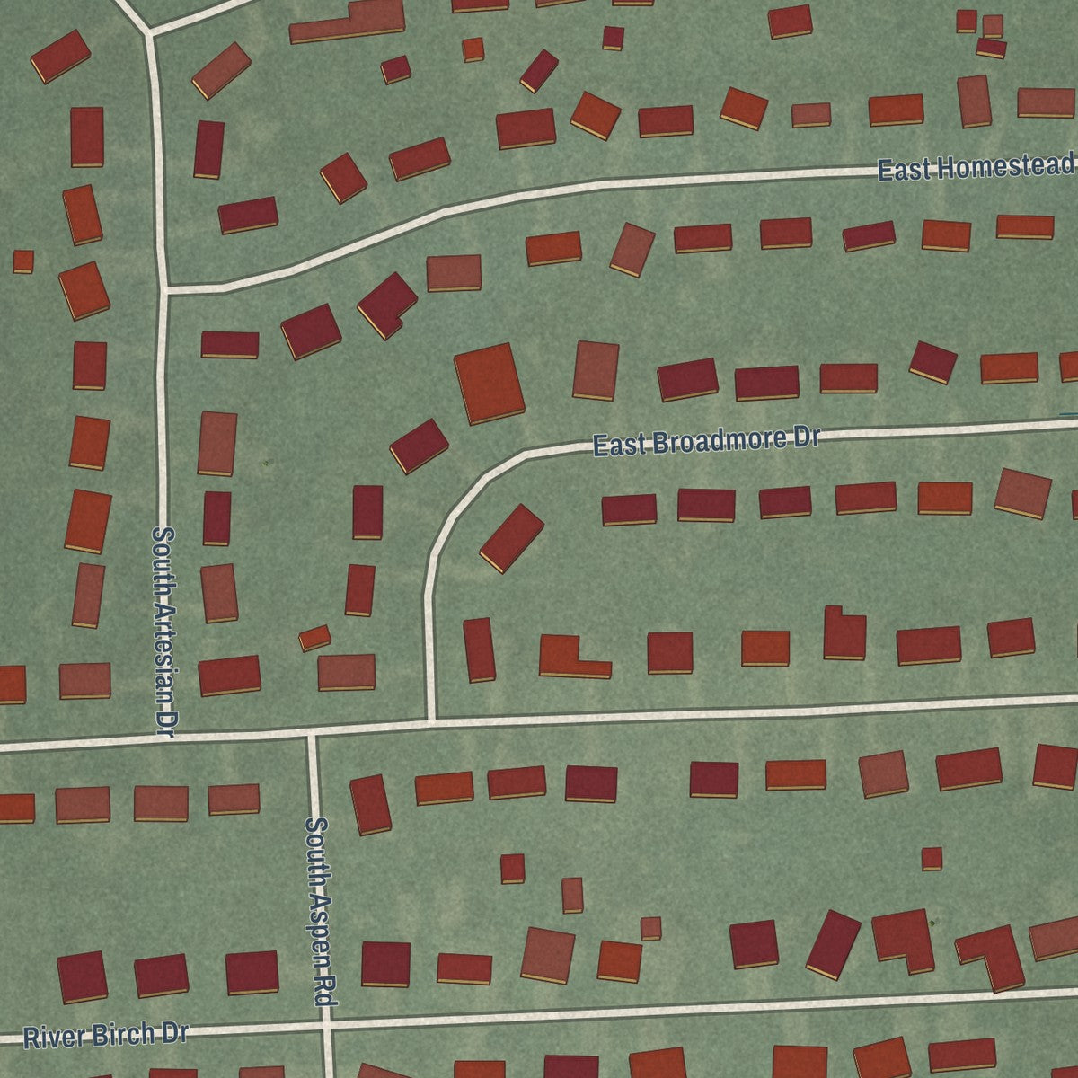 Close-up of the map of Mineral Springs, Indiana print showing street and building detail