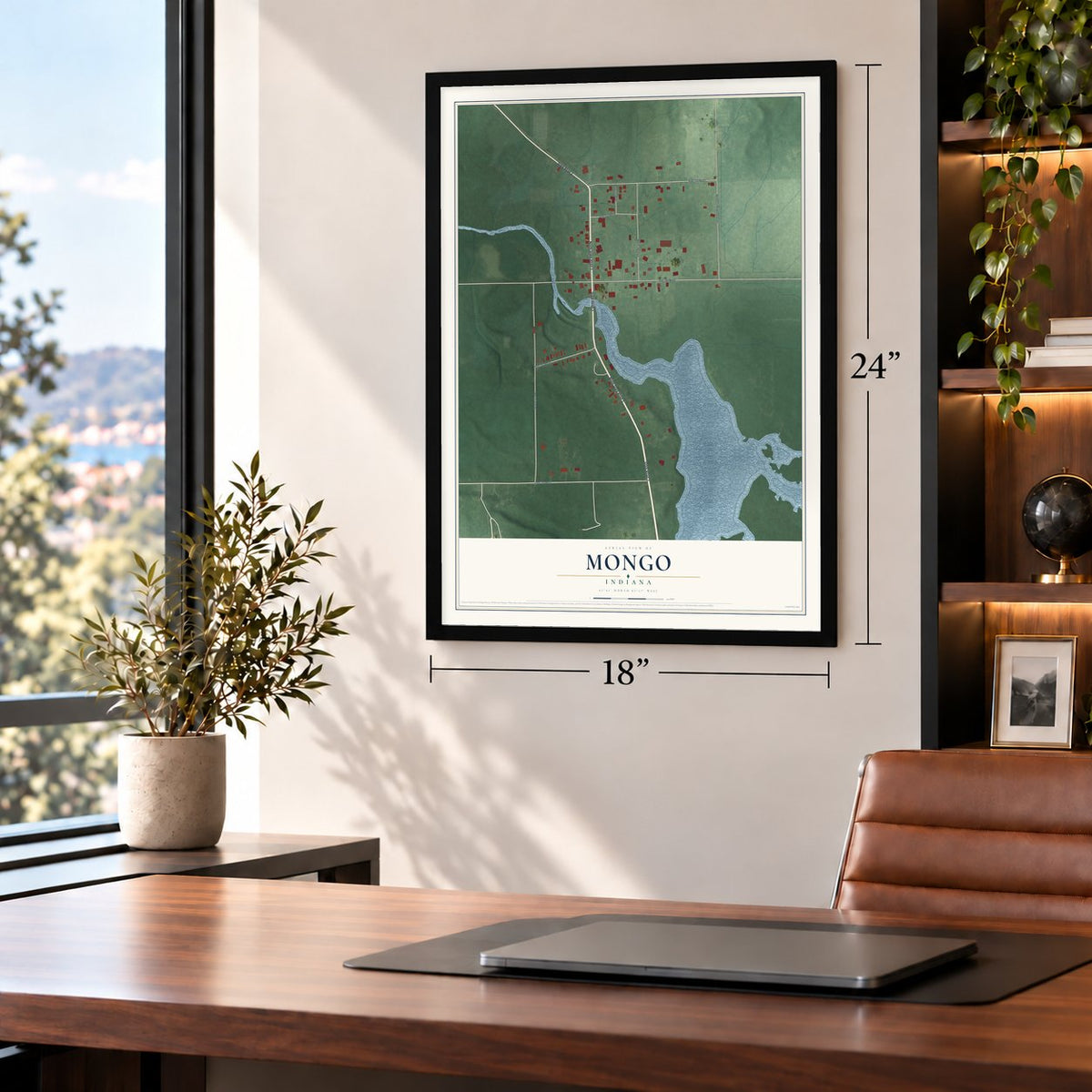 Mongo, Indiana map, 18 x 24 inch print in a black frame in a home office