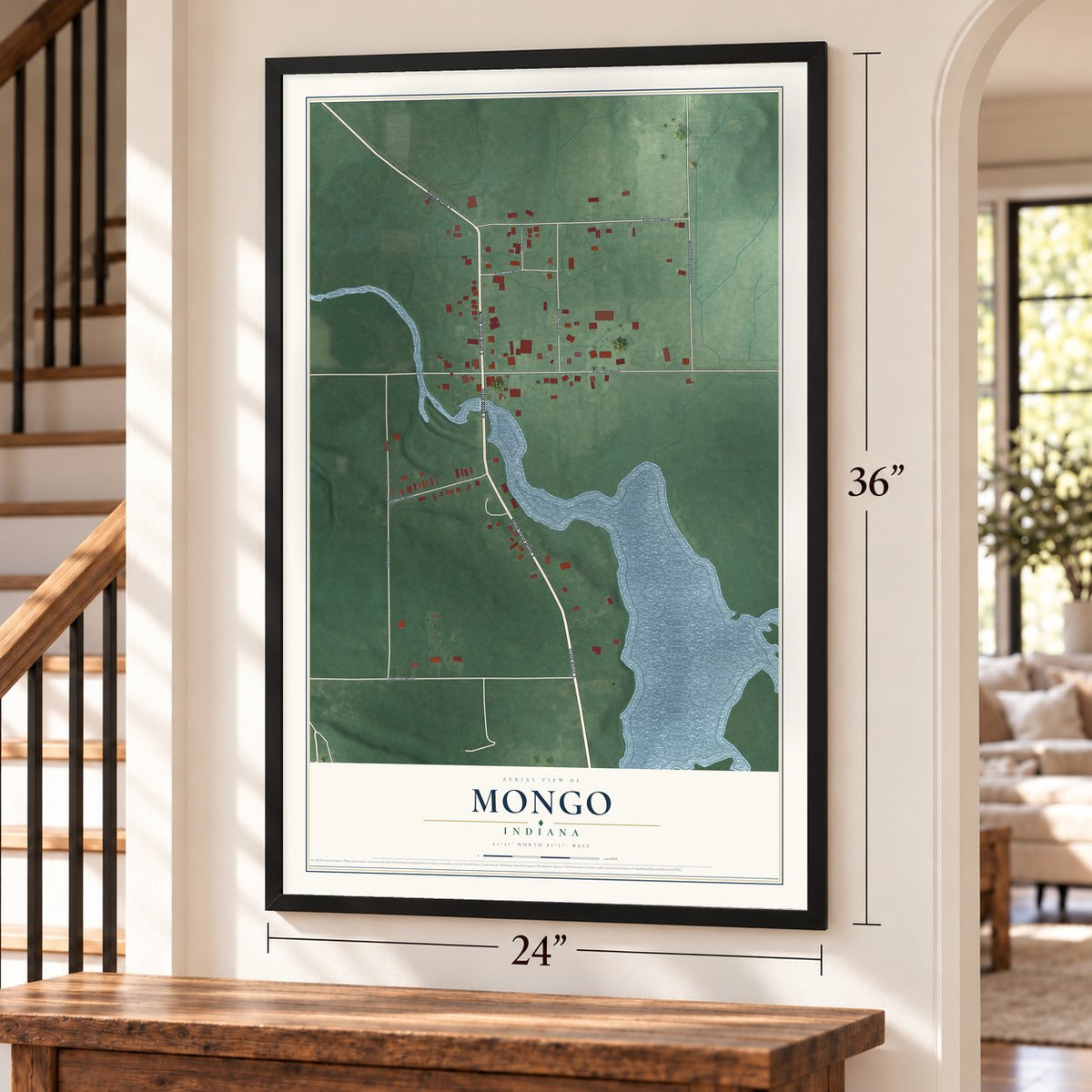 Mongo, Indiana map, 24 x 36 inch print in a black frame by a staircase