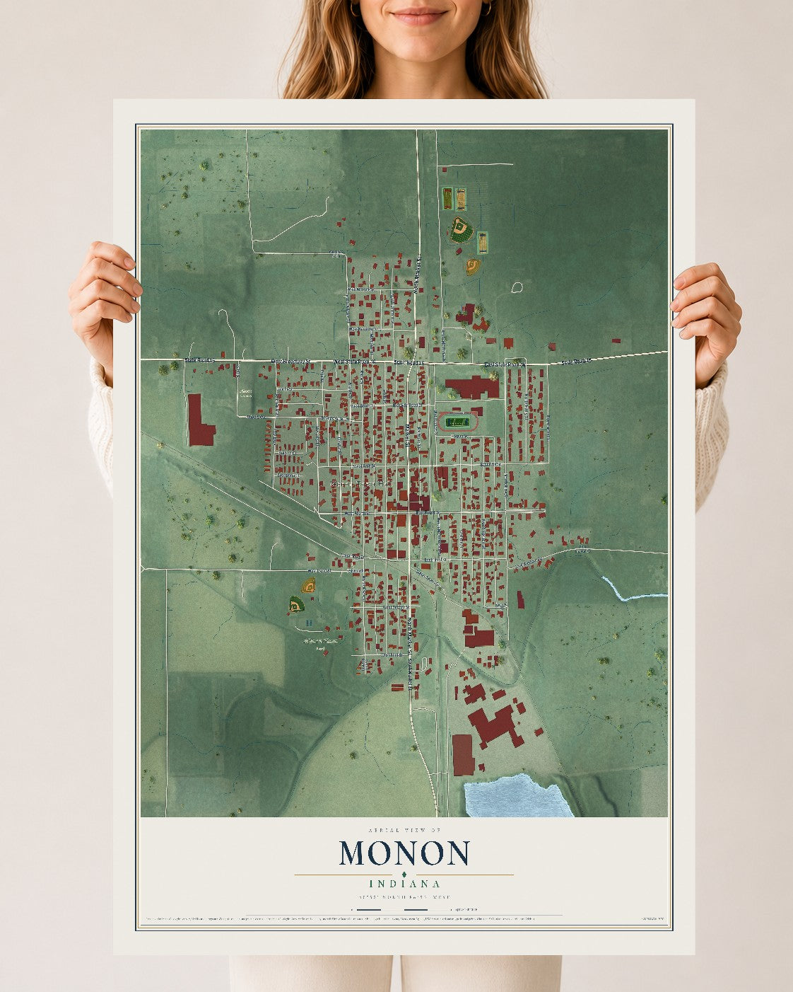Map of Monon, Indiana, 24 x 36 inch unframed archival matte print