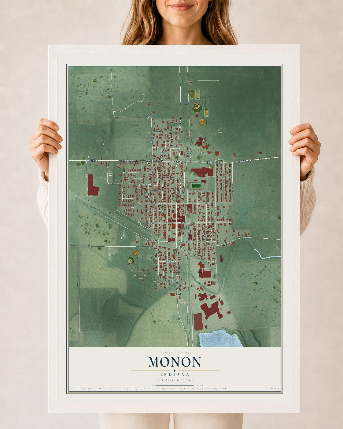 Map of Monon, Indiana, 24 x 36 inch print in a white wood frame