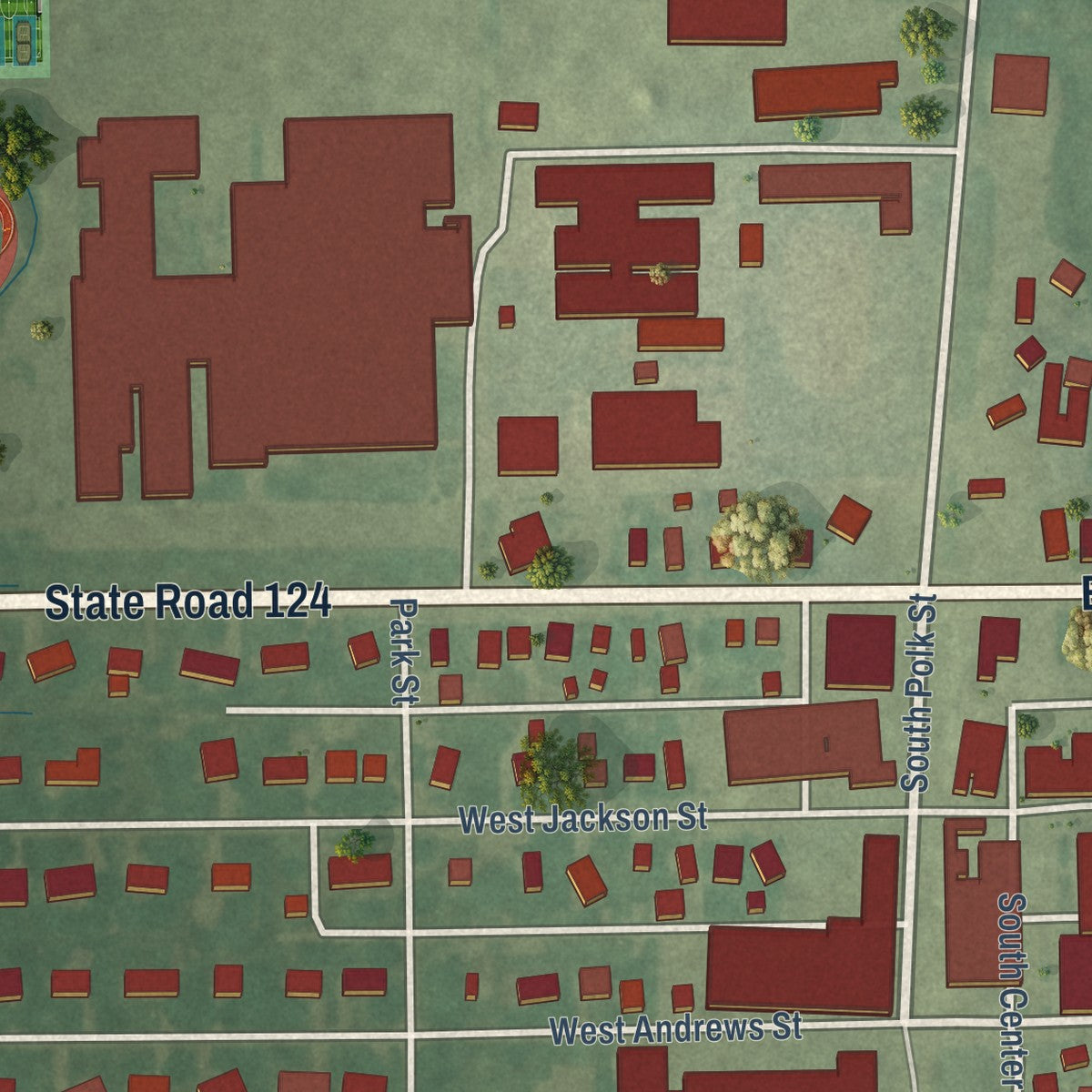 Close-up of the map of Monroe, Indiana print showing street and building detail