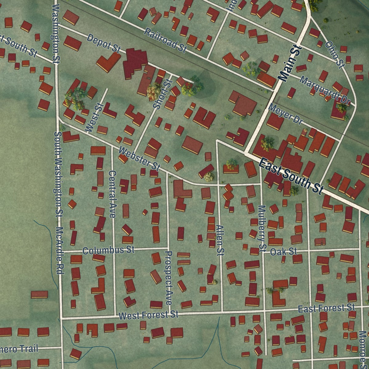 Close-up of the map of Monroeville, Indiana print showing street and building detail