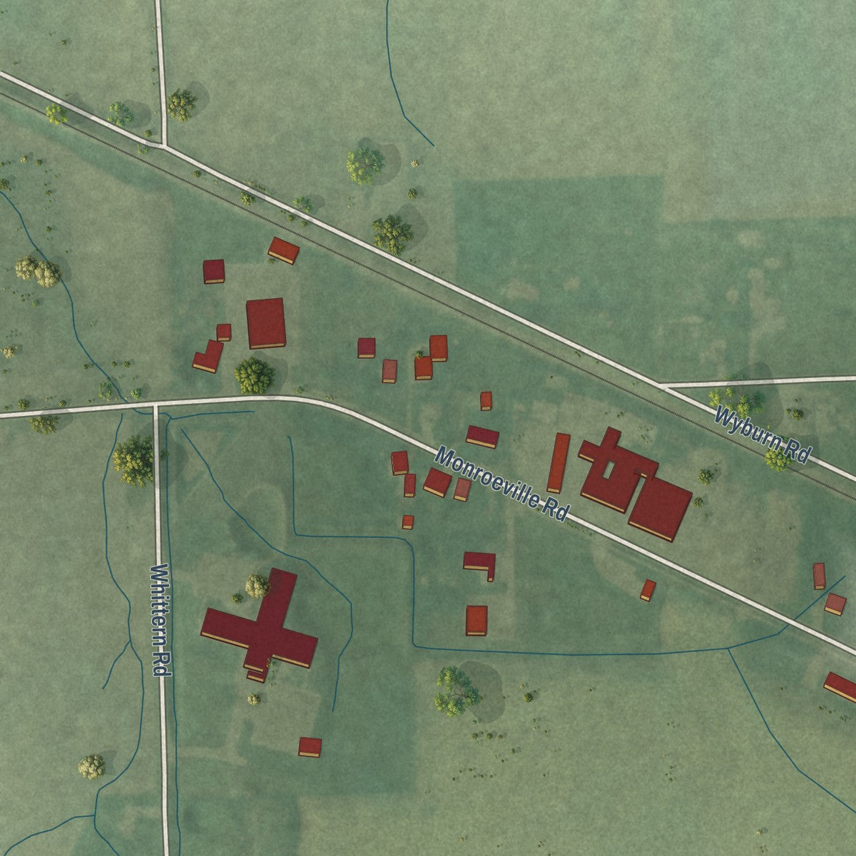 Second close-up of the map of Monroeville, Indiana print showing more streets and buildings