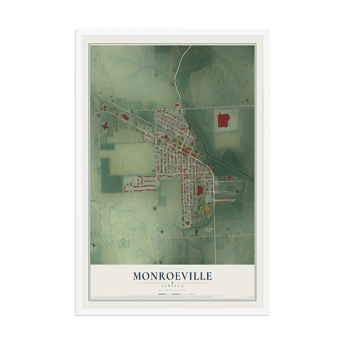 Map of Monroeville, Indiana, 12 x 18 inch print in a white wood frame
