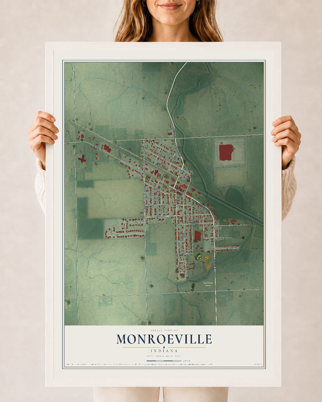 Map of Monroeville, Indiana, 24 x 36 inch print in a white wood frame