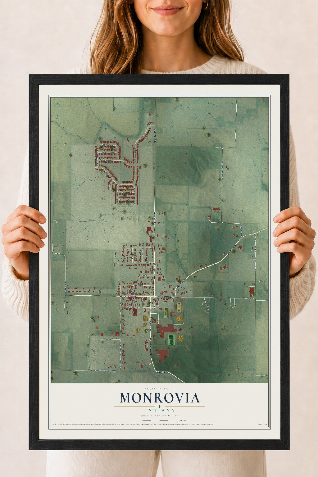 Map of Monrovia, Indiana, 18 x 24 inch print in a black wood frame