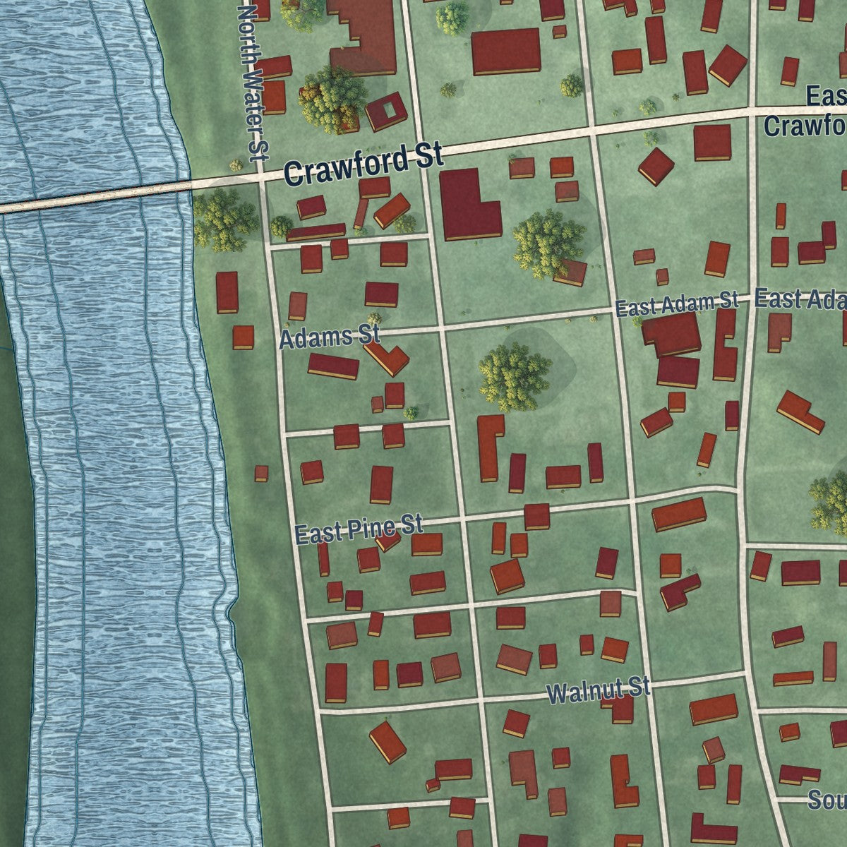 Close-up of the map of Montezuma, Indiana print showing street and building detail
