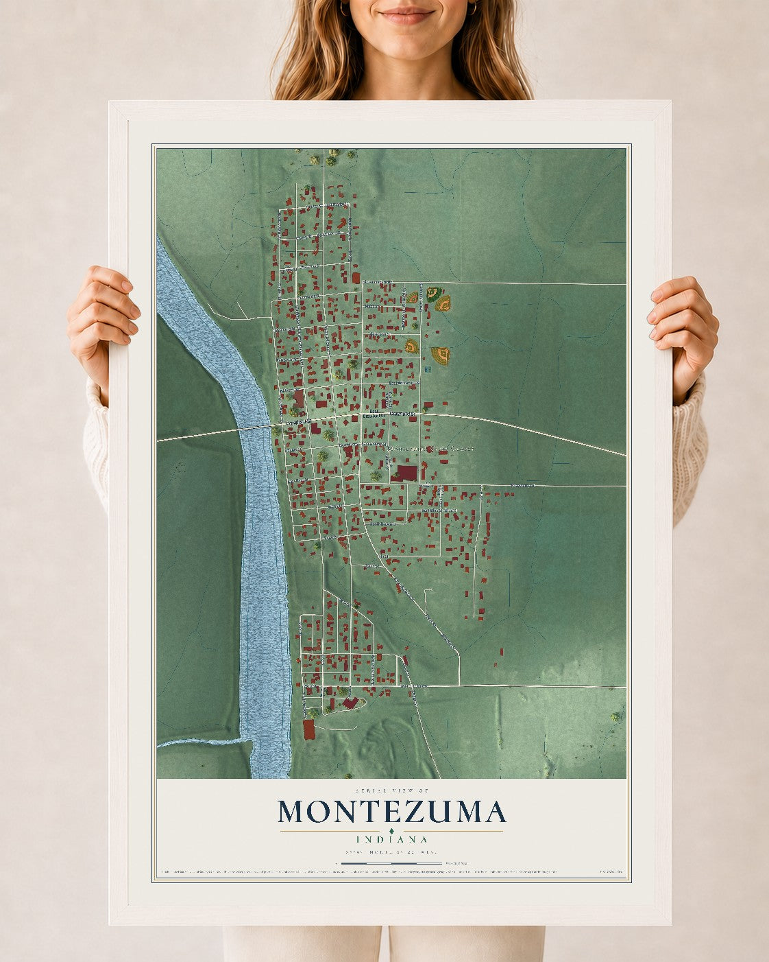 Map of Montezuma, Indiana, 24 x 36 inch print in a white wood frame