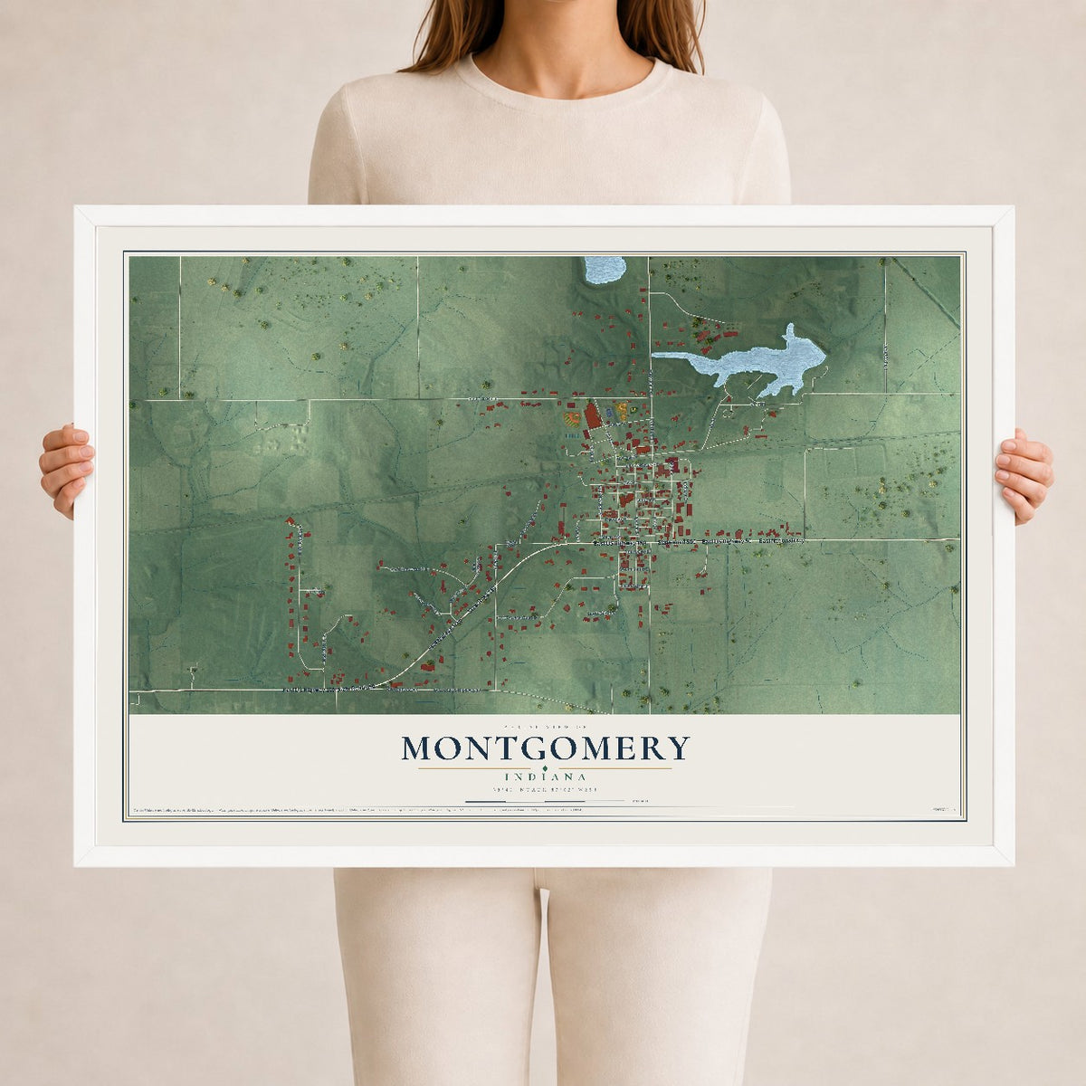 Map of Montgomery, Indiana, 24 x 36 inch print in a white wood frame