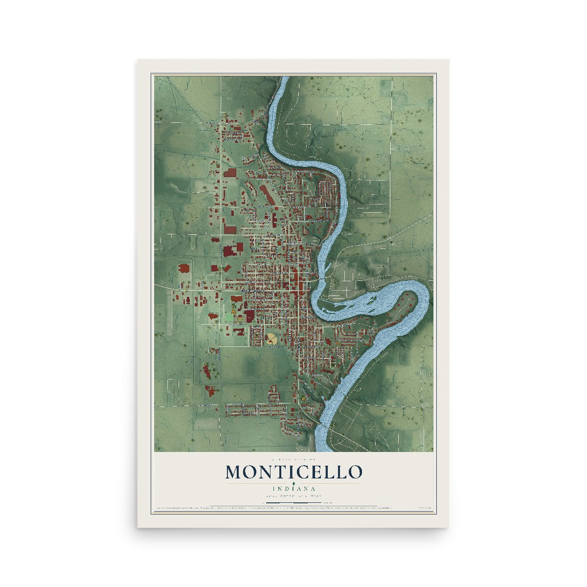 Map of Monticello, Indiana, 12 x 18 inch unframed archival matte print