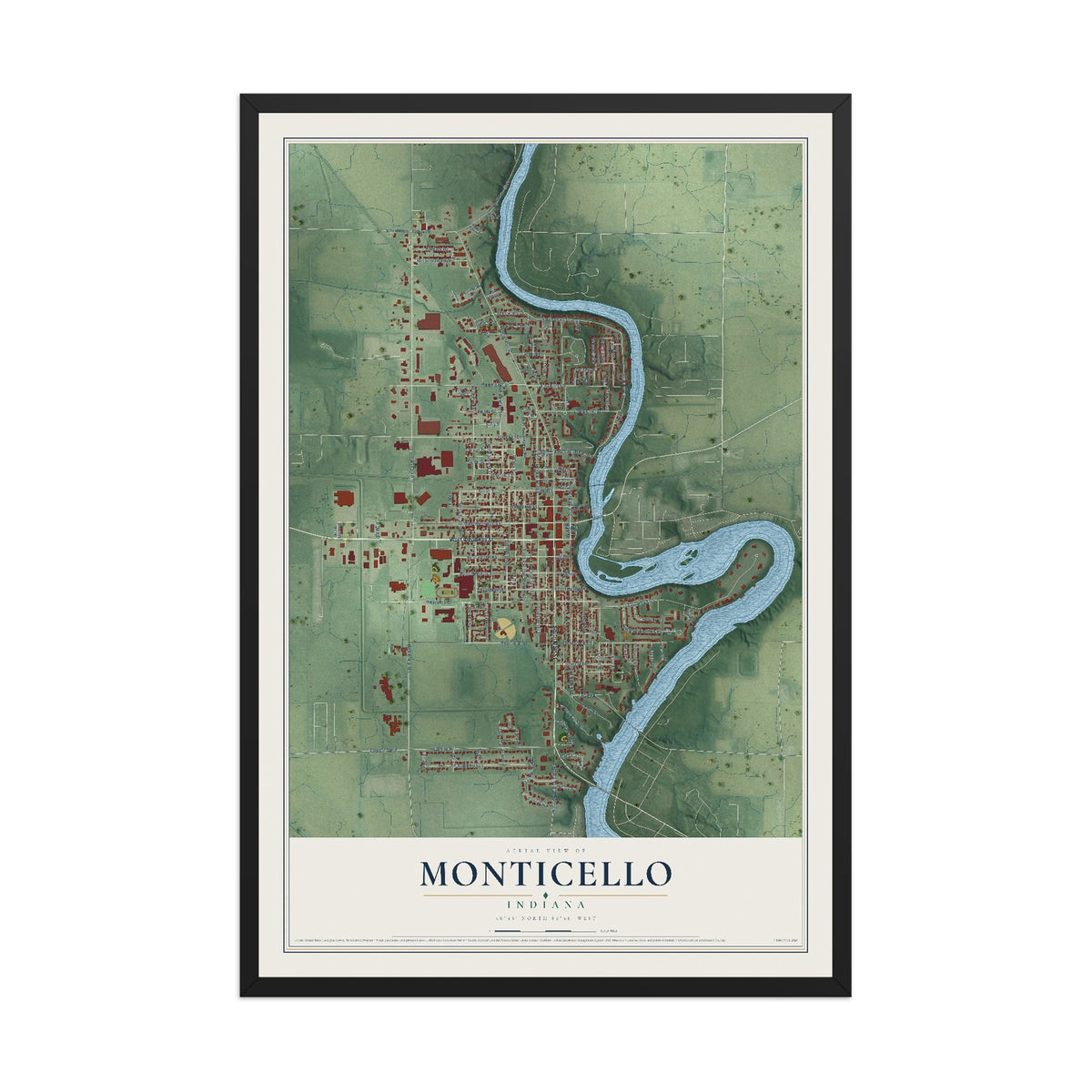Map of Monticello, Indiana, 12 x 18 inch print in a black wood frame
