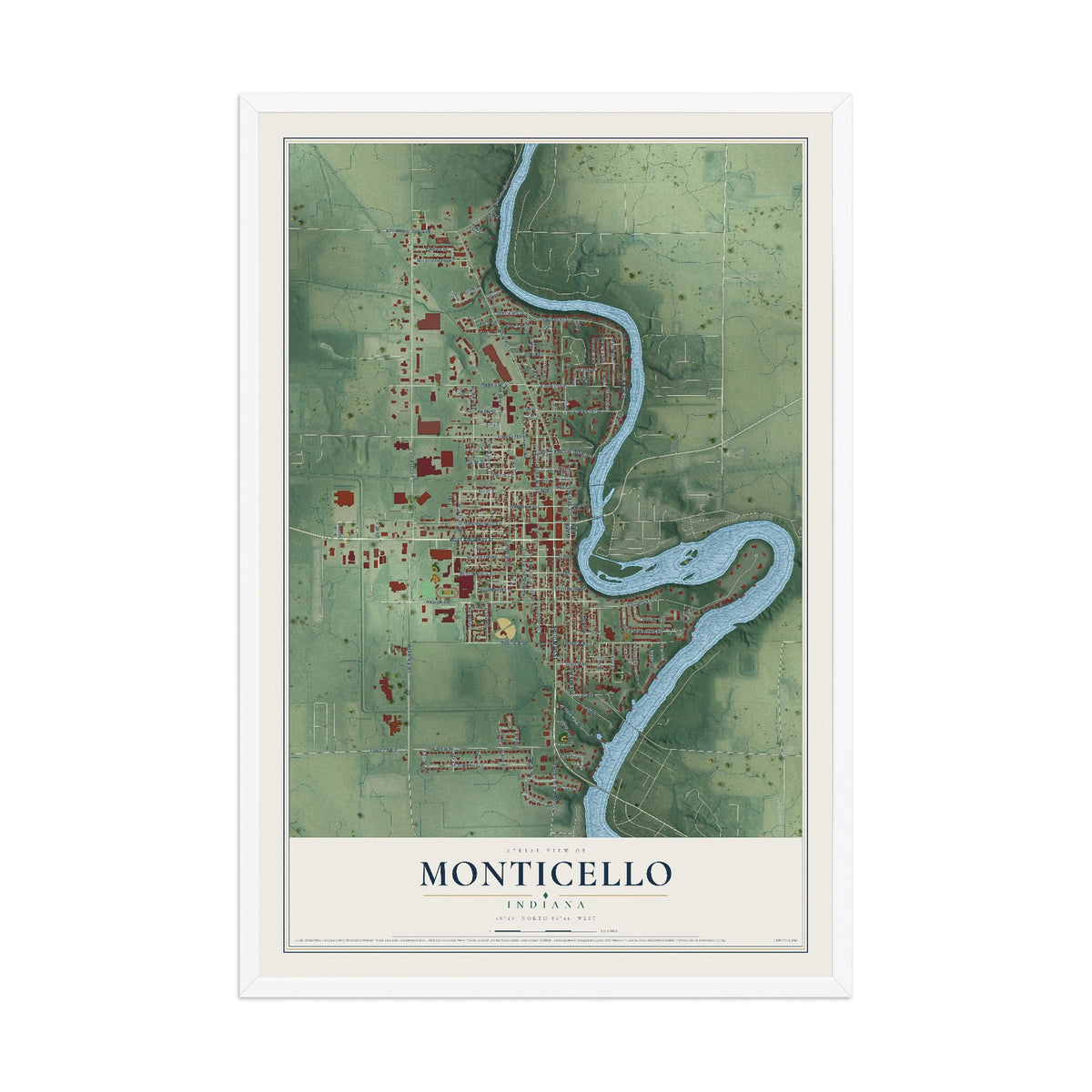 Map of Monticello, Indiana, 12 x 18 inch print in a white wood frame