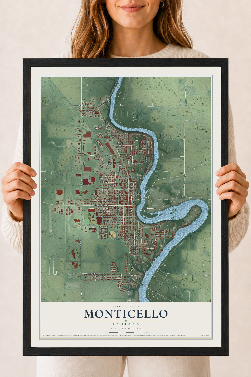 Map of Monticello, Indiana, 18 x 24 inch print in a black wood frame