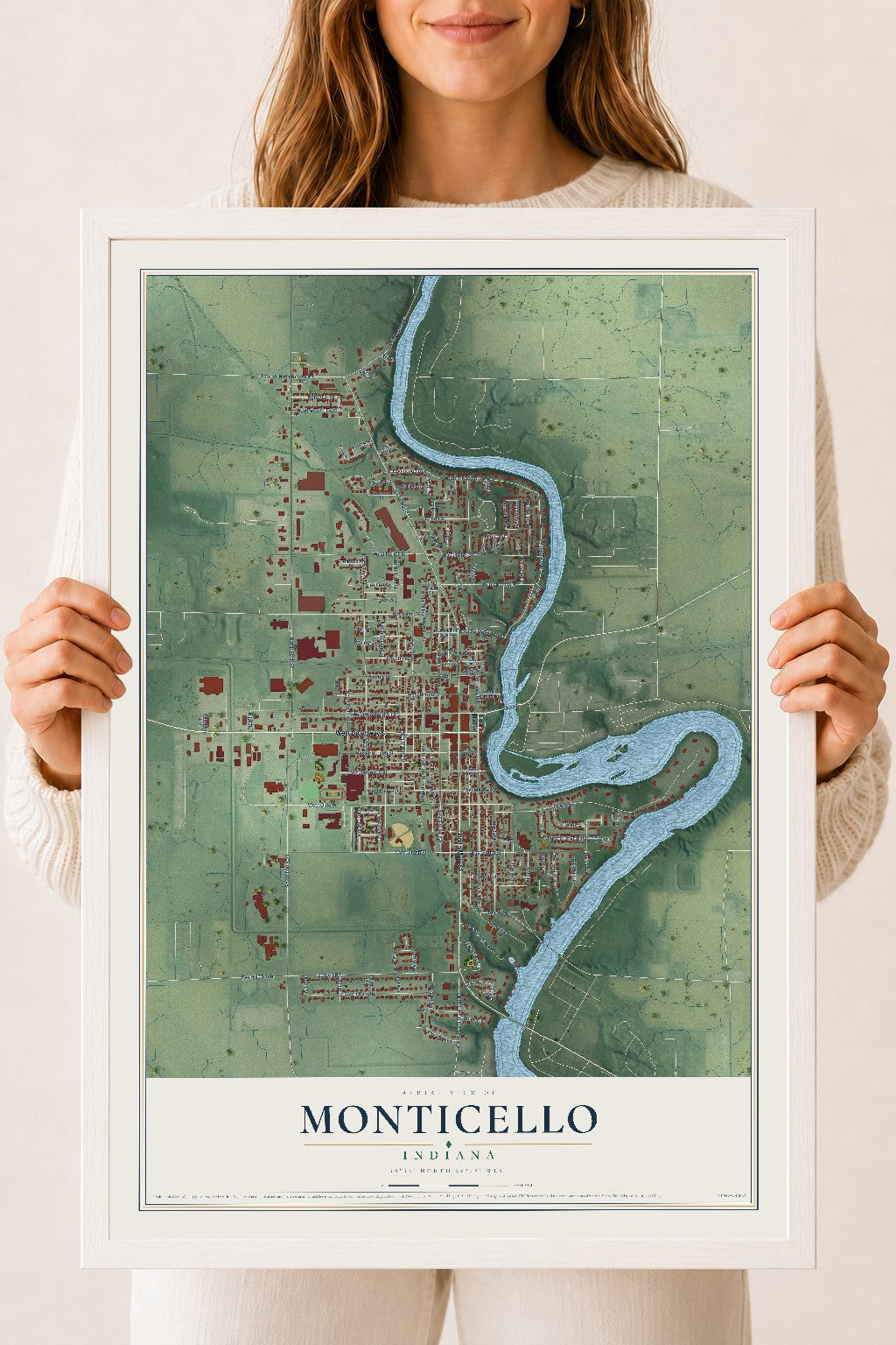 Map of Monticello, Indiana, 18 x 24 inch print in a white wood frame