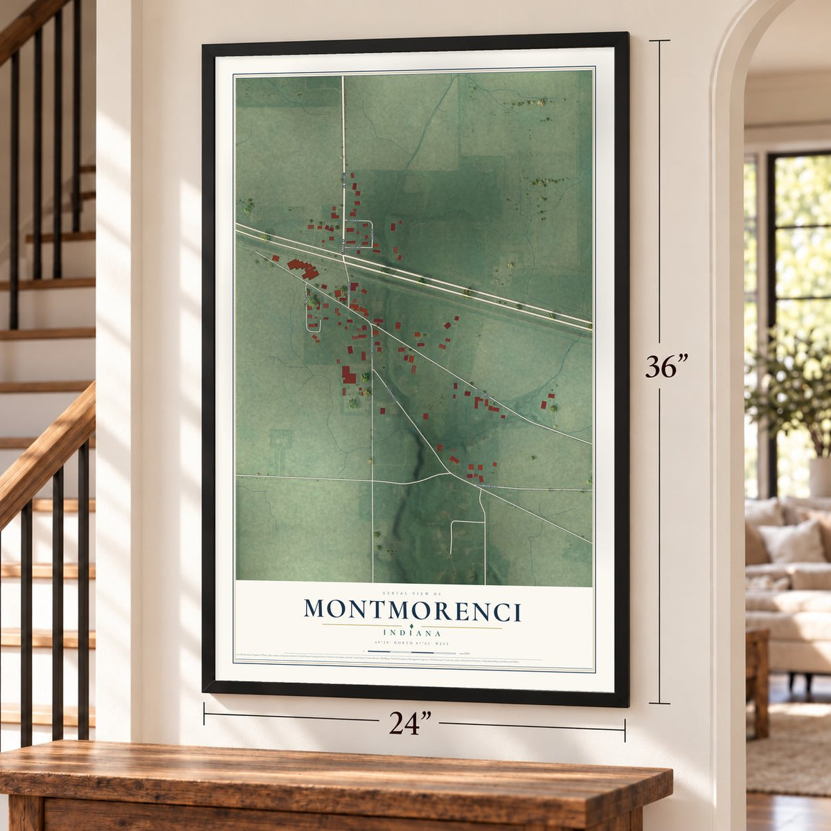 Montmorenci, Indiana map, 24 x 36 inch print in a black frame by a staircase