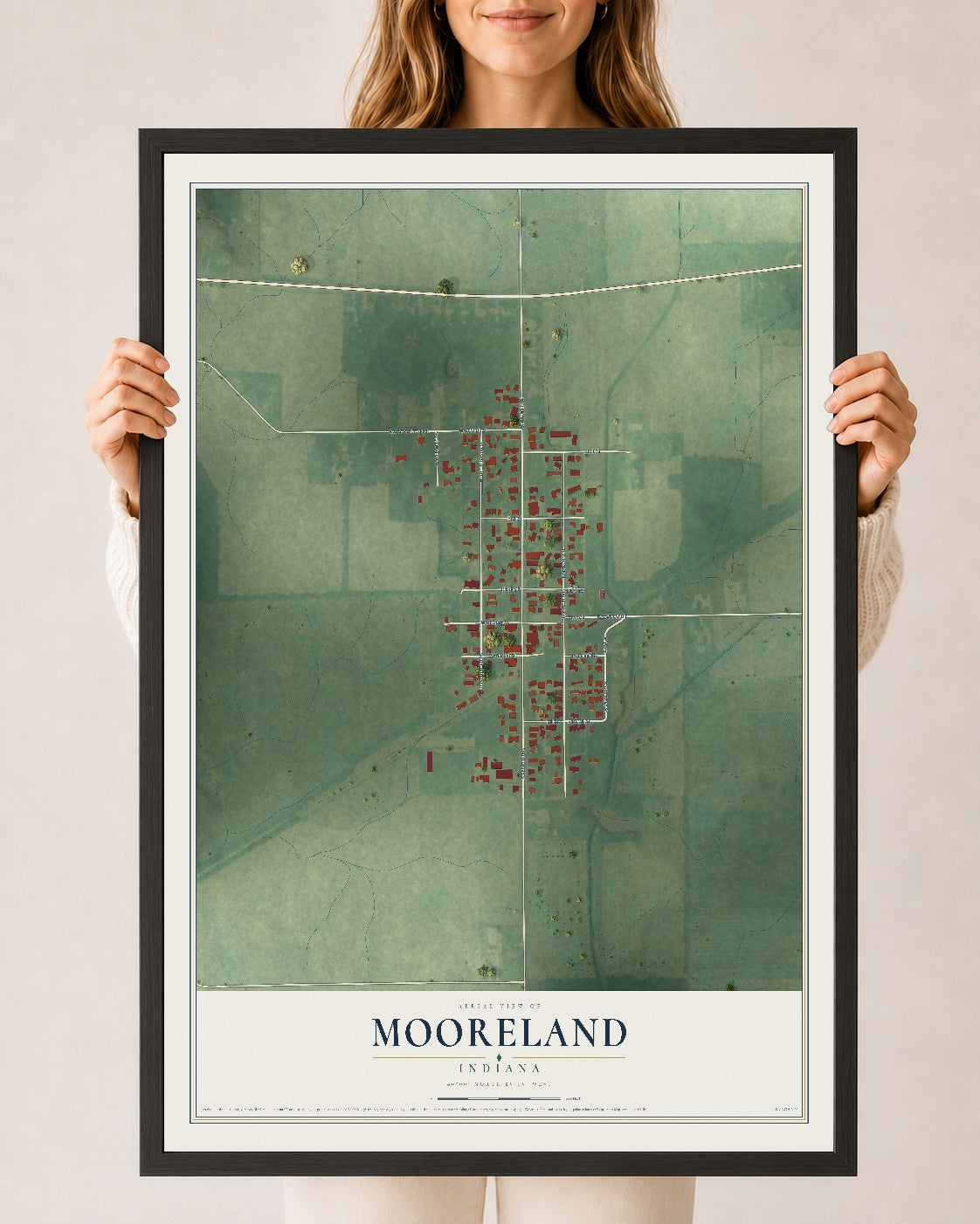 Map of Mooreland, Indiana, 24 x 36 inch print in a black wood frame