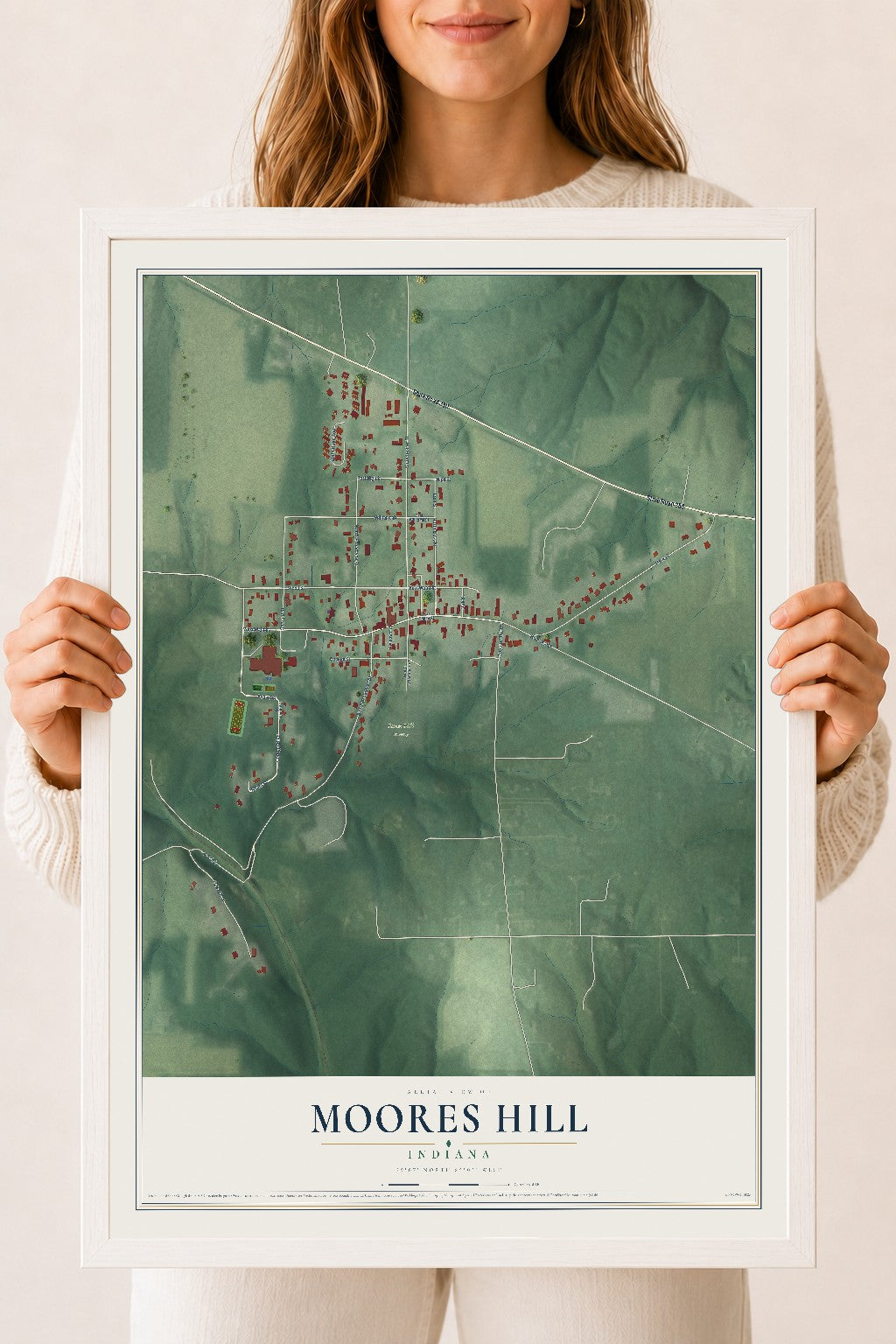 Map of Moores Hill, Indiana, 18 x 24 inch print in a white wood frame
