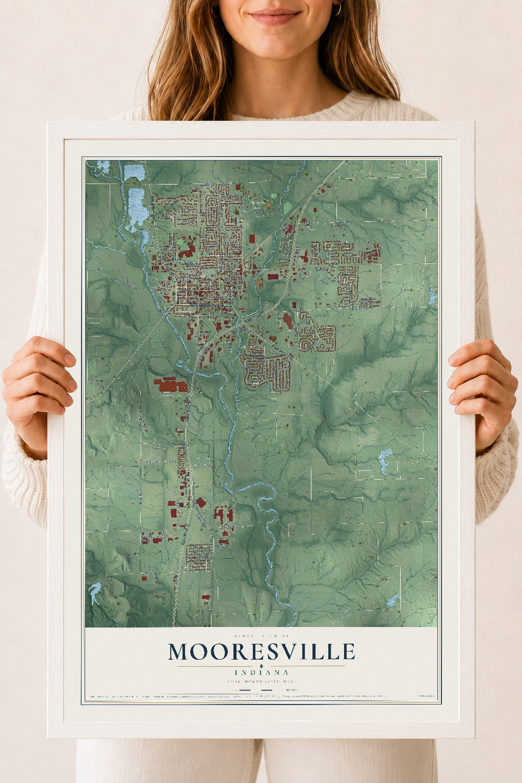 Map of Mooresville, Indiana, 18 x 24 inch print in a white wood frame
