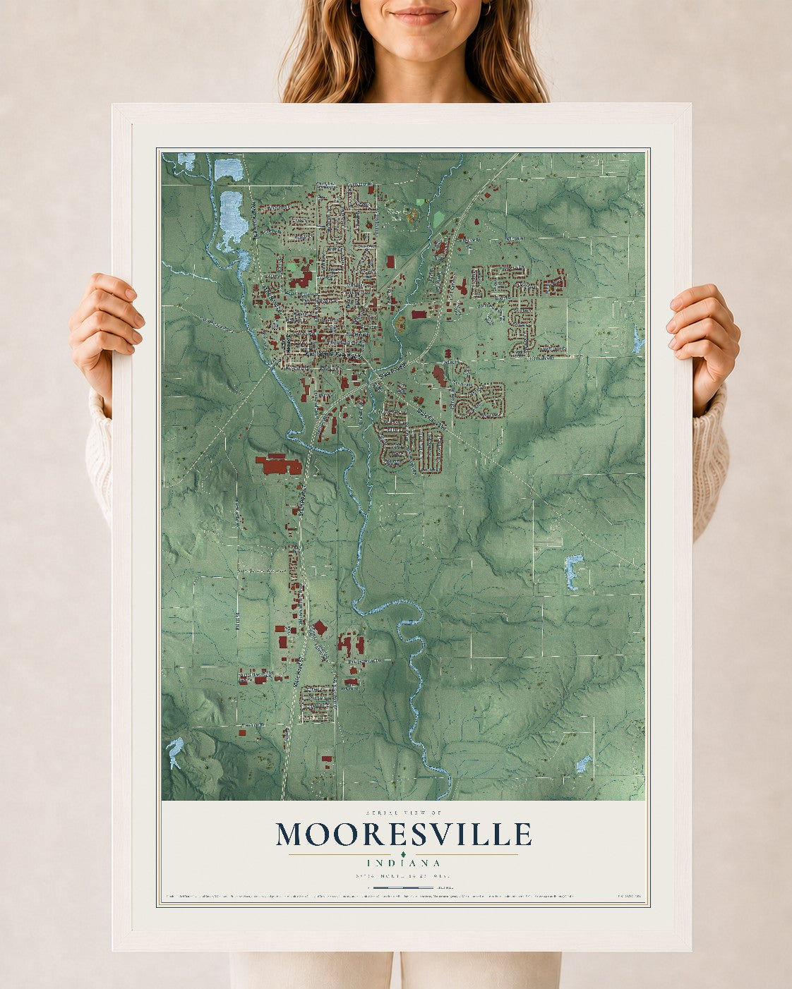 Map of Mooresville, Indiana, 24 x 36 inch print in a white wood frame
