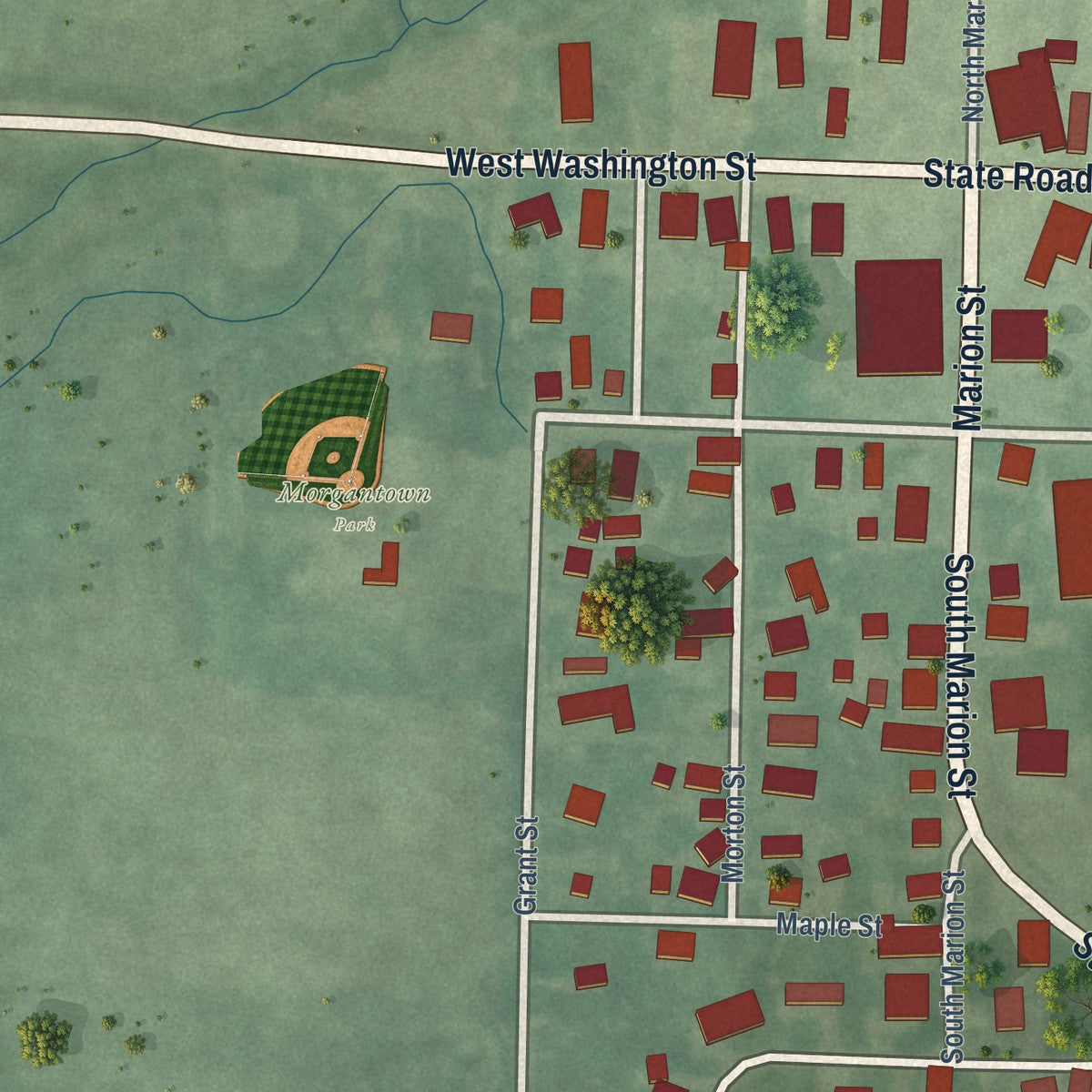 Second close-up of the map of Morgantown, Indiana print showing more streets and buildings