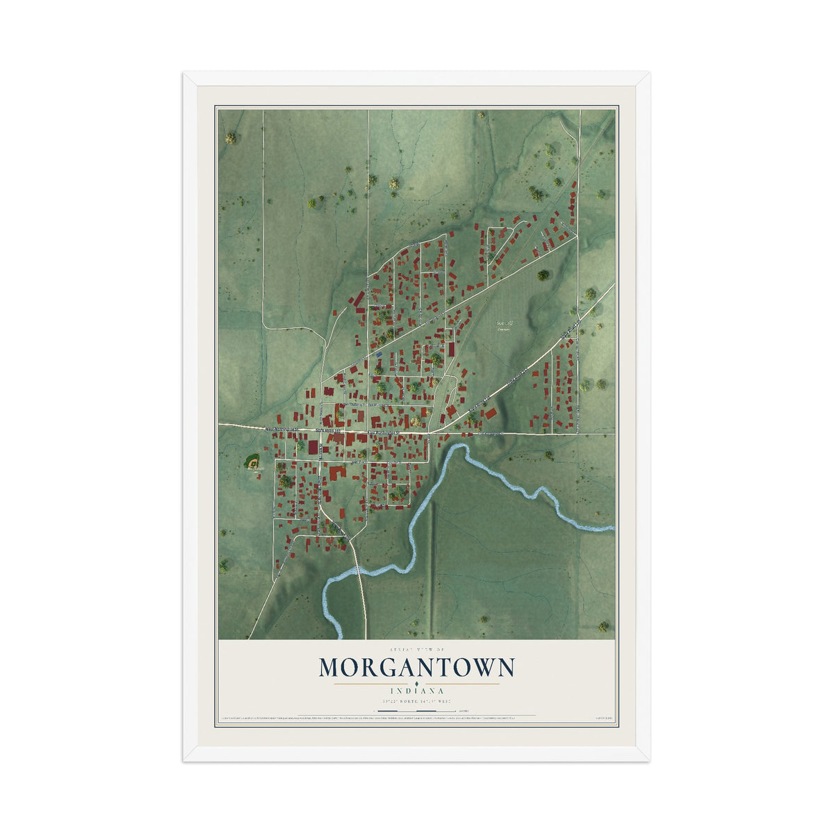 Map of Morgantown, Indiana, 12 x 18 inch print in a white wood frame