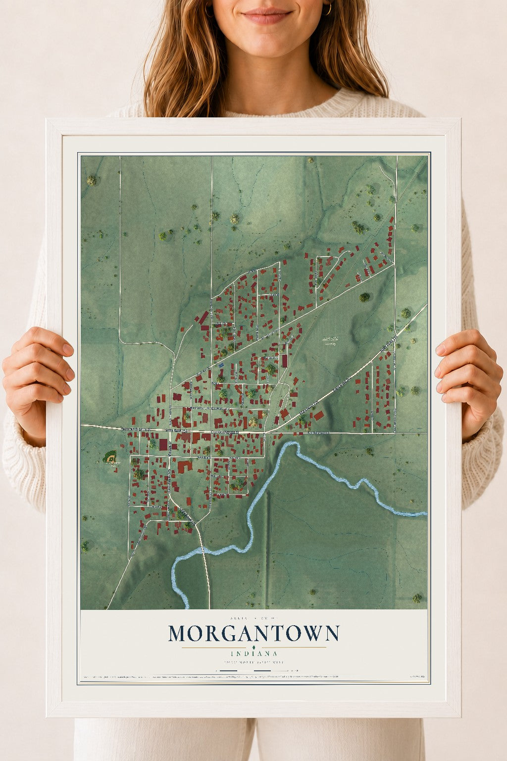 Map of Morgantown, Indiana, 18 x 24 inch print in a white wood frame