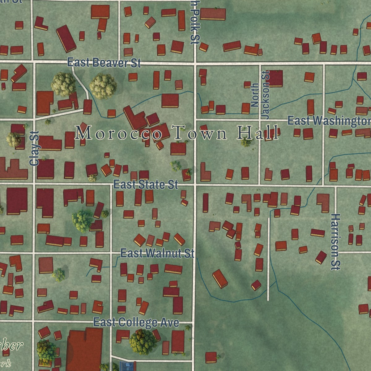 Close-up of the map of Morocco, Indiana print showing street and building detail
