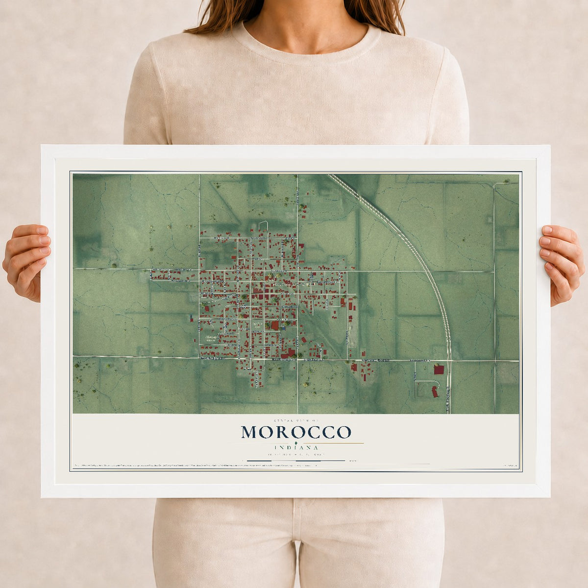 Map of Morocco, Indiana, 12 x 18 inch print in a white wood frame