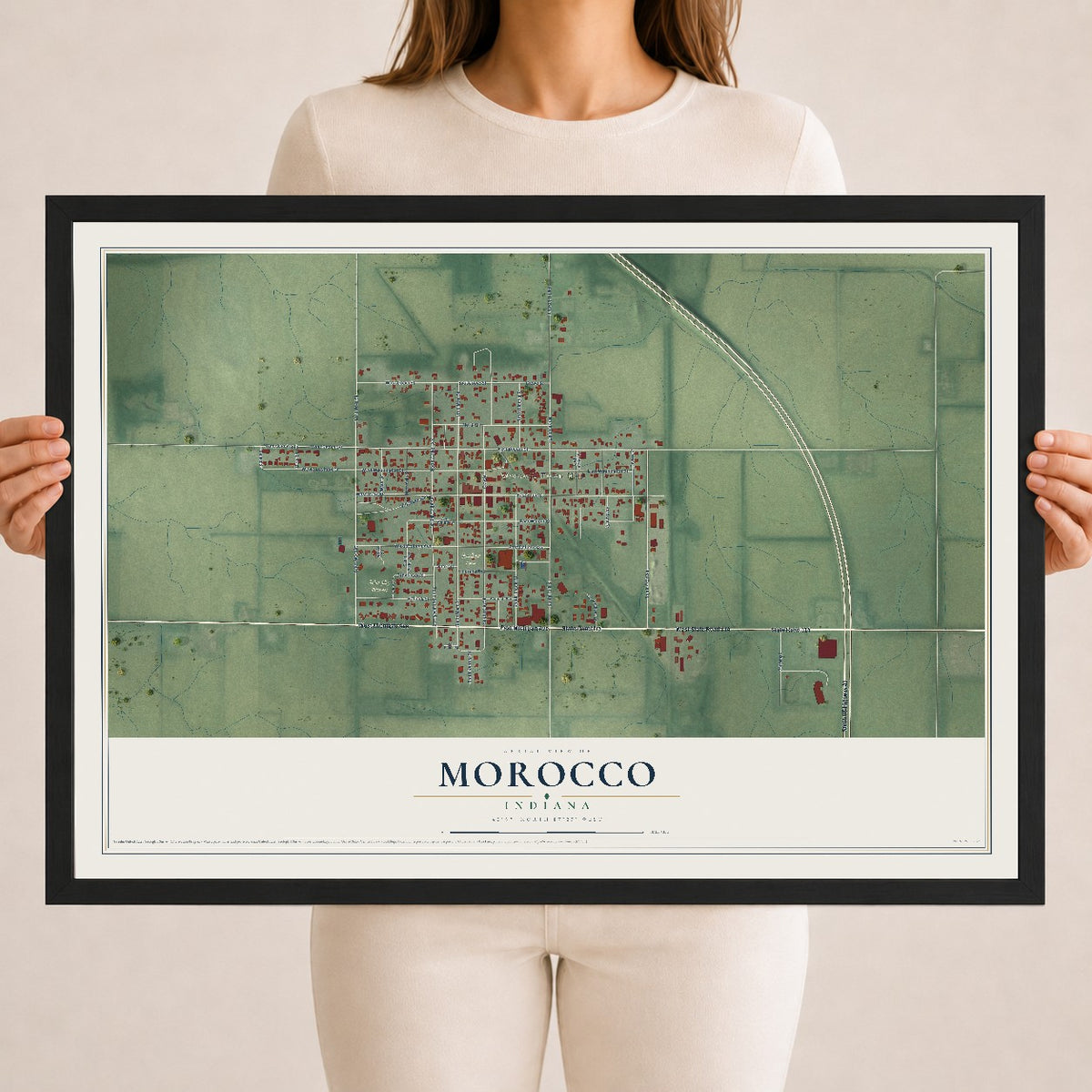 Map of Morocco, Indiana, 18 x 24 inch print in a black wood frame