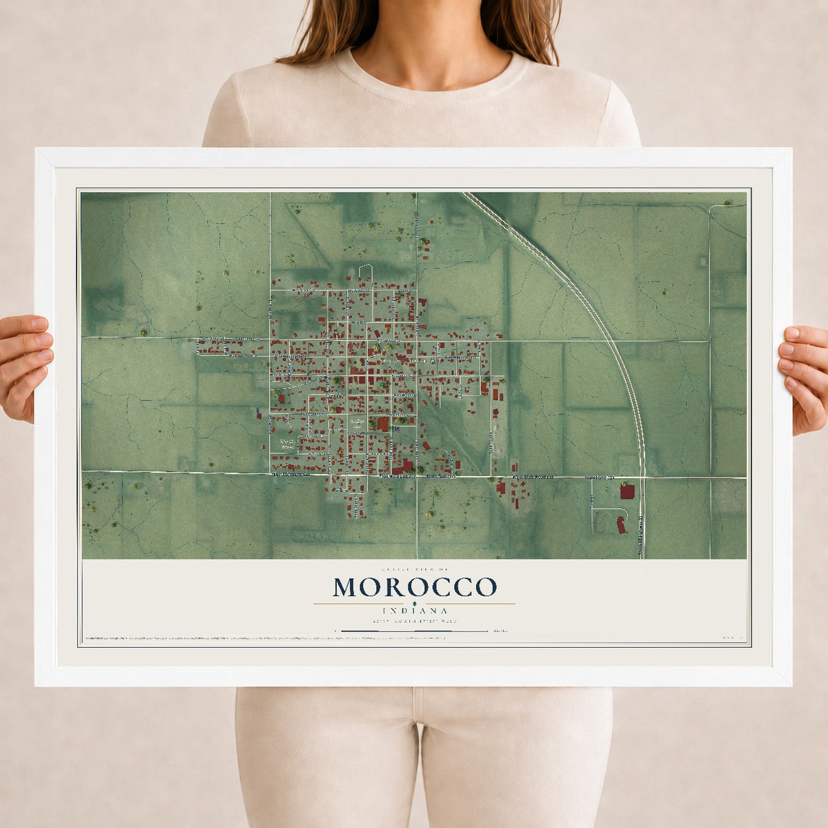 Map of Morocco, Indiana, 18 x 24 inch print in a white wood frame