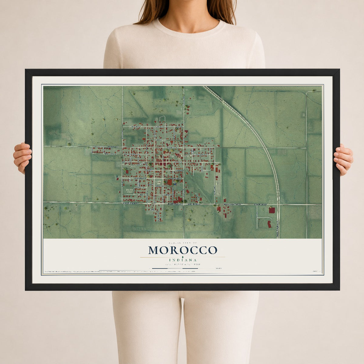 Map of Morocco, Indiana, 24 x 36 inch print in a black wood frame