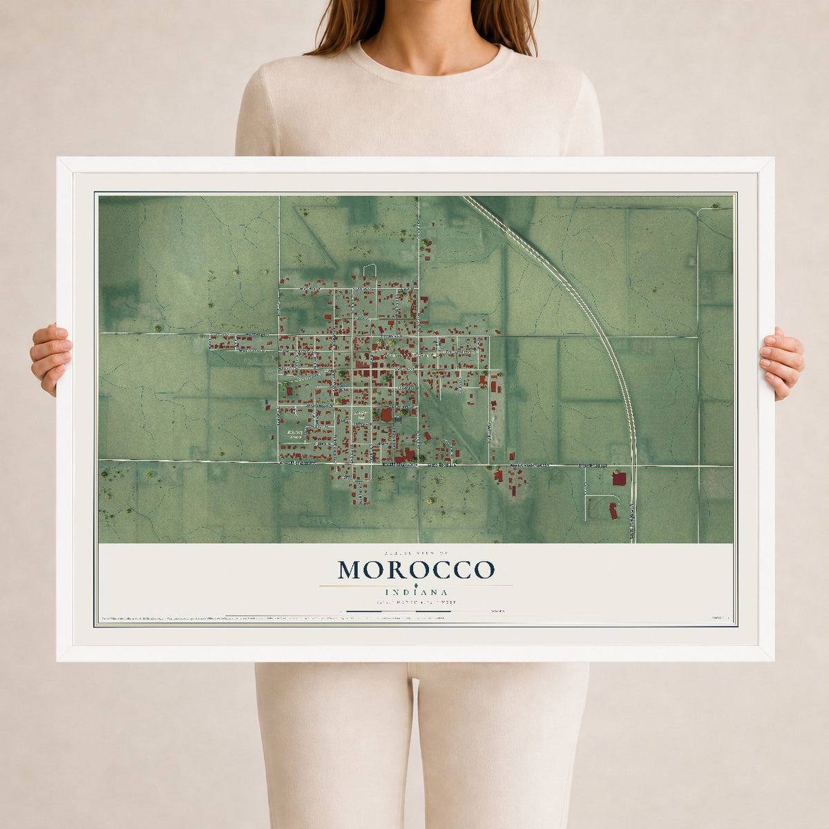 Map of Morocco, Indiana, 24 x 36 inch print in a white wood frame