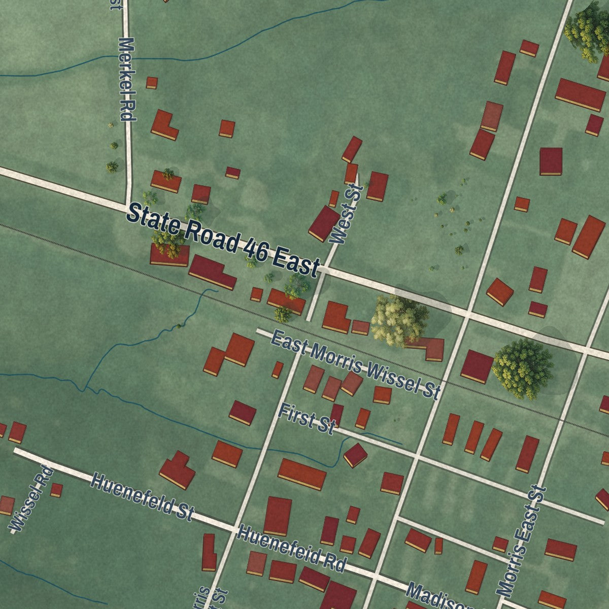 Close-up of the map of Morris, Indiana print showing street and building detail