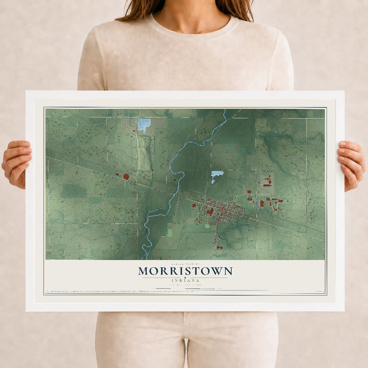 Map of Morristown, Indiana, 12 x 18 inch print in a white wood frame