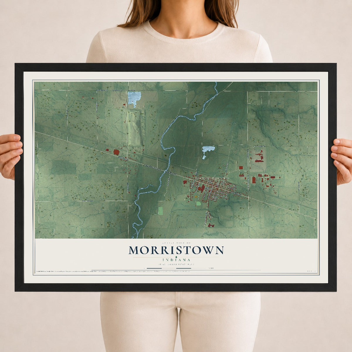 Map of Morristown, Indiana, 18 x 24 inch print in a black wood frame