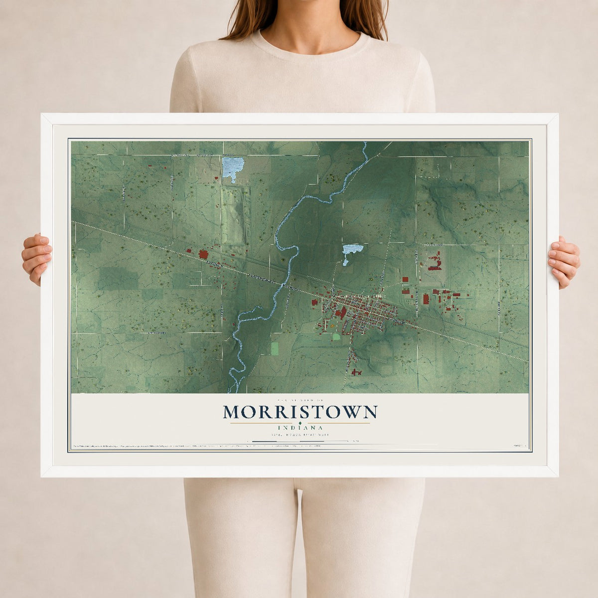 Map of Morristown, Indiana, 24 x 36 inch print in a white wood frame