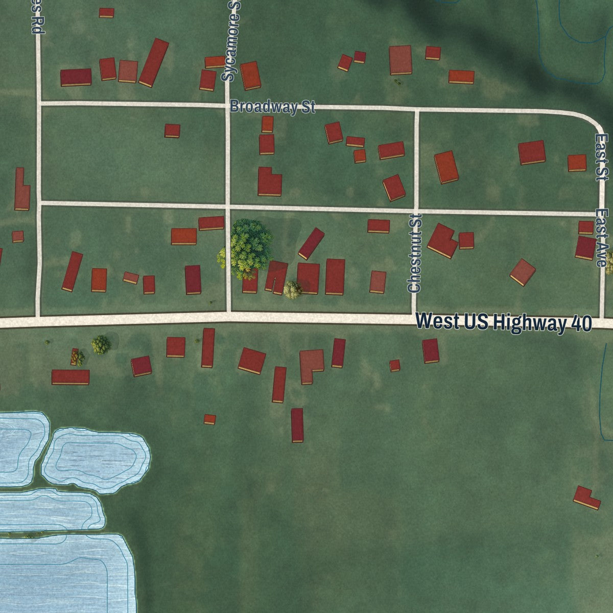 Close-up of the map of Mount Auburn, Indiana print showing street and building detail