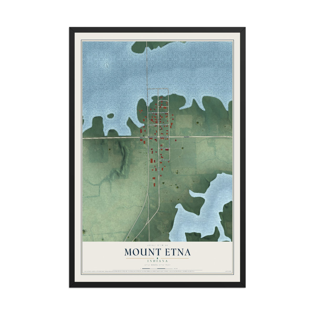 Map of Mount Etna, Indiana, 12 x 18 inch print in a black wood frame