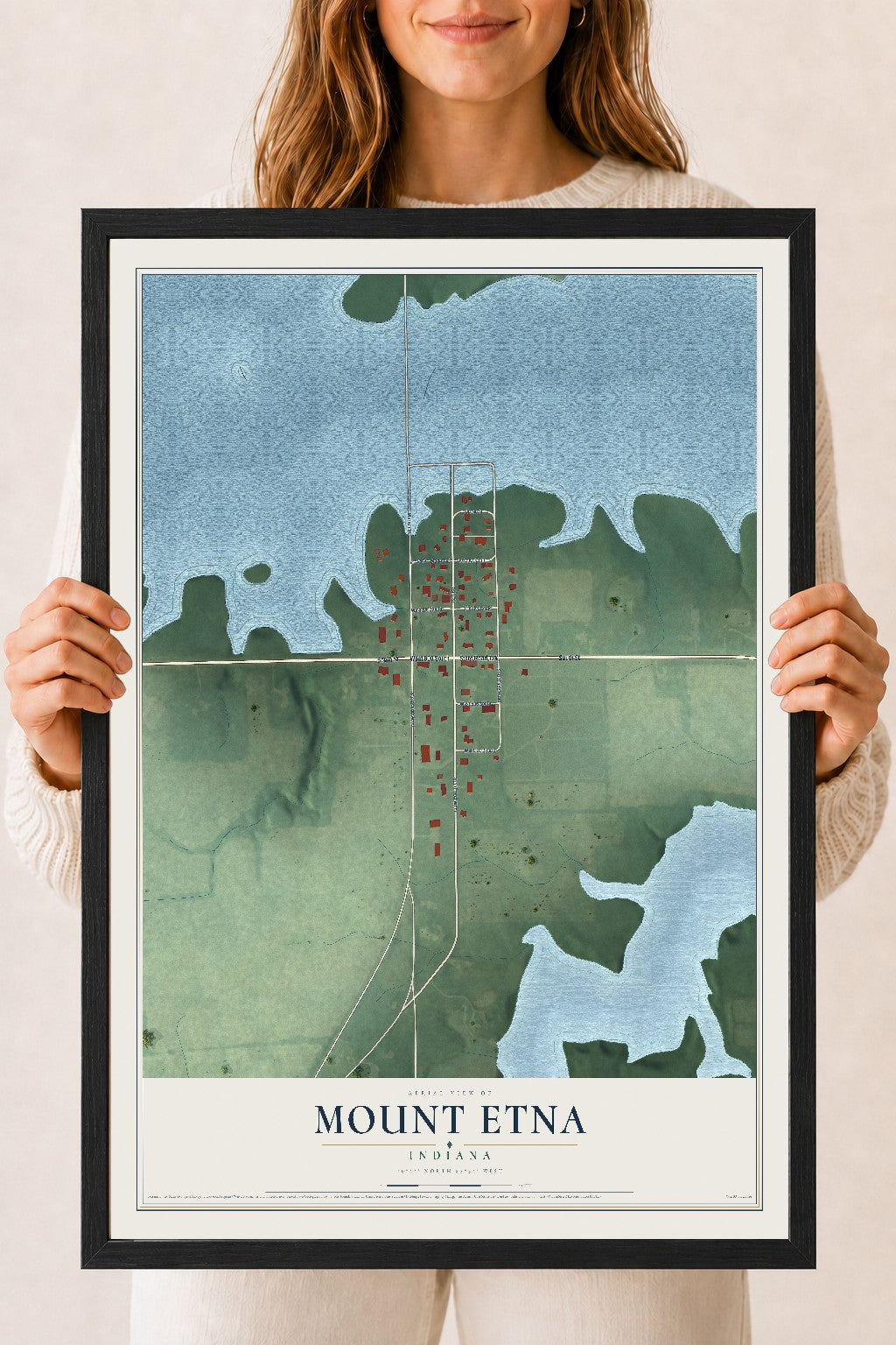 Map of Mount Etna, Indiana, 18 x 24 inch print in a black wood frame