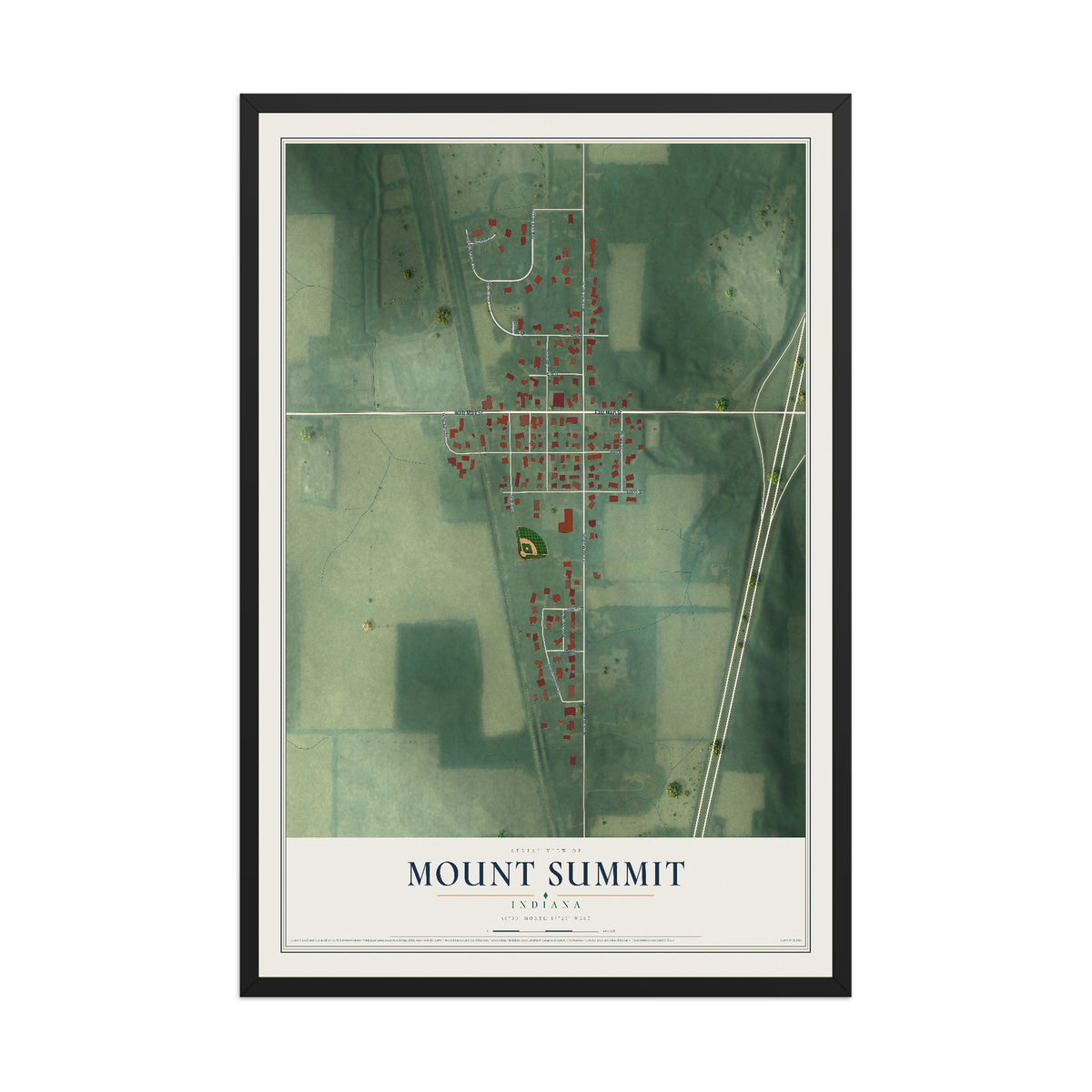 Map of Mount Summit, Indiana, 12 x 18 inch print in a black wood frame