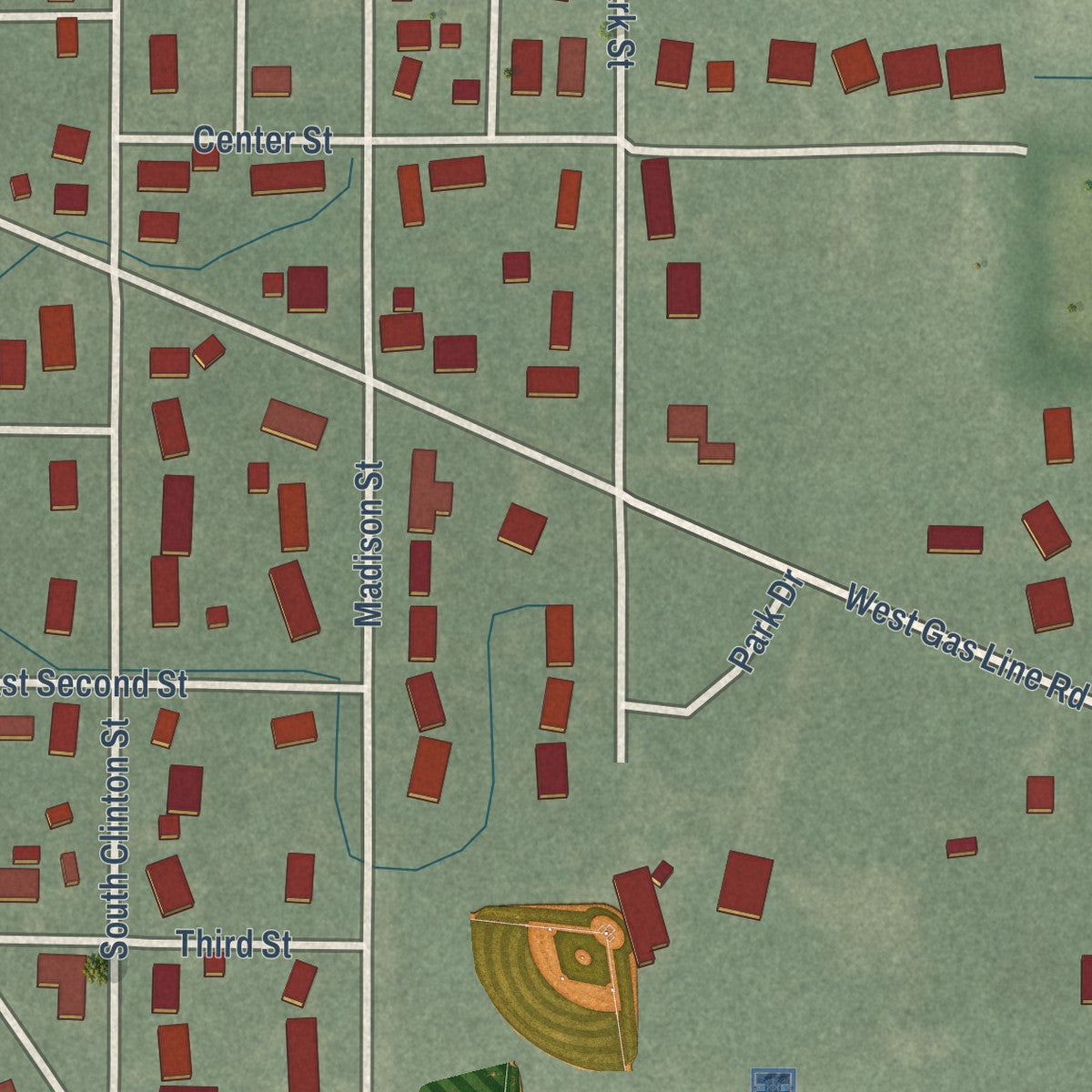 Second close-up of the map of Mulberry, Indiana print showing more streets and buildings