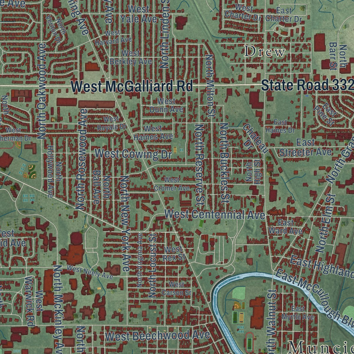 Close-up of the map of Muncie, Indiana print showing street and building detail