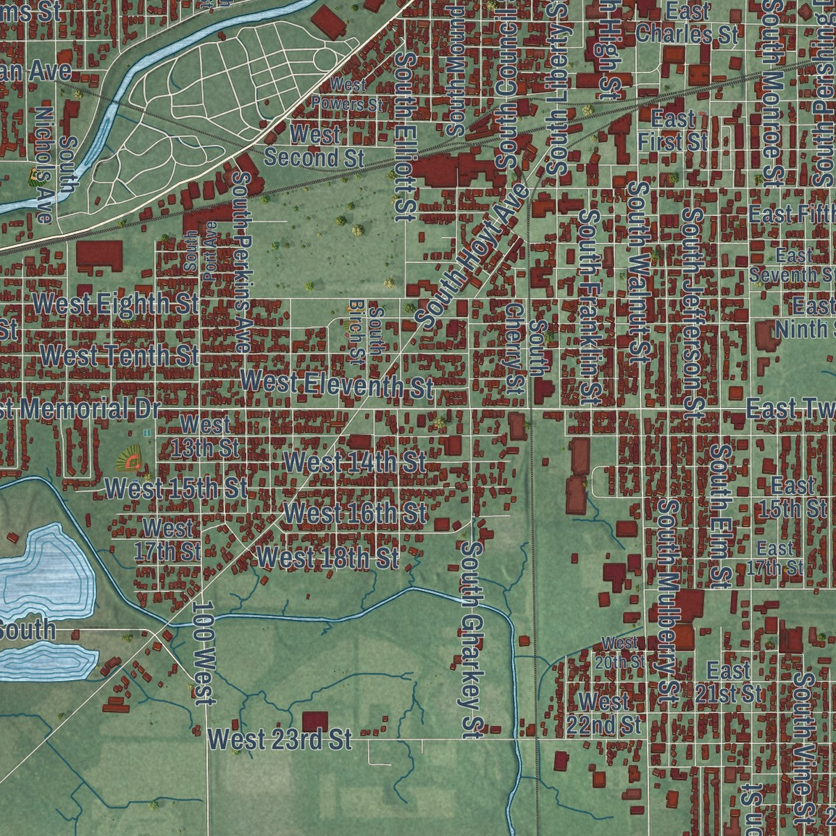 Second close-up of the map of Muncie, Indiana print showing more streets and buildings