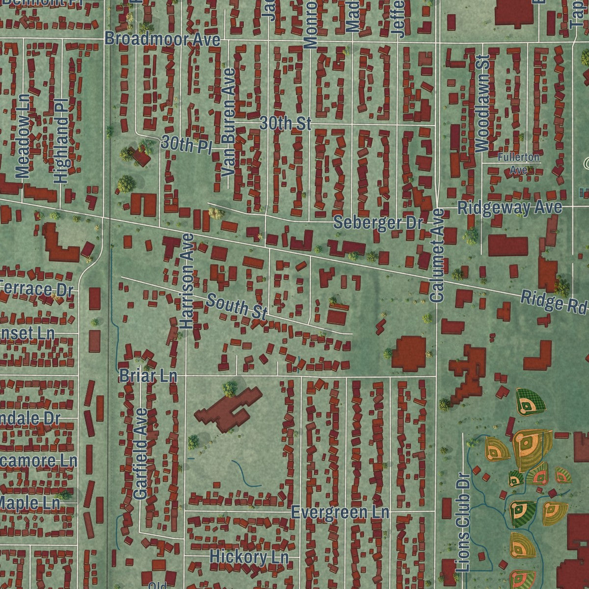 Close-up of the map of Munster, Indiana print showing street and building detail