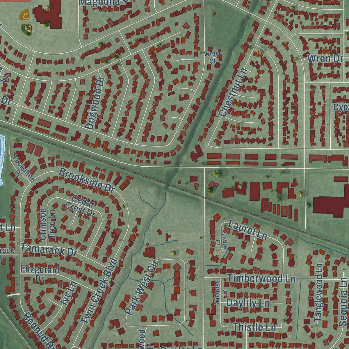 Second close-up of the map of Munster, Indiana print showing more streets and buildings