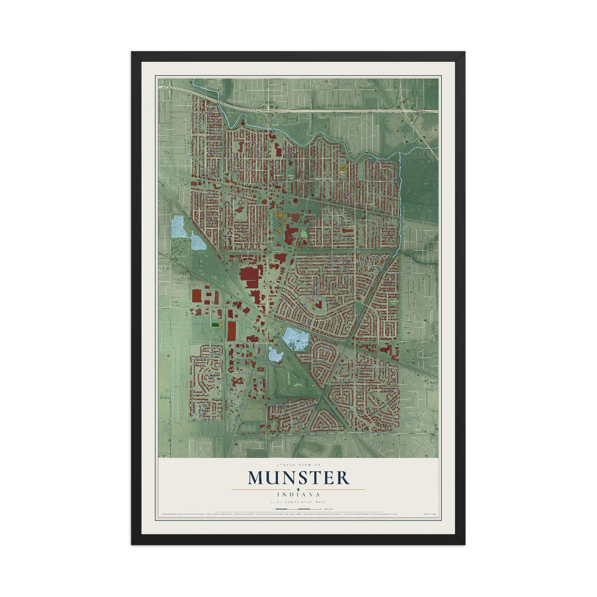 Map of Munster, Indiana, 12 x 18 inch print in a black wood frame