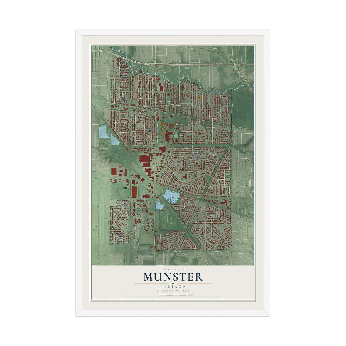 Map of Munster, Indiana, 12 x 18 inch print in a white wood frame